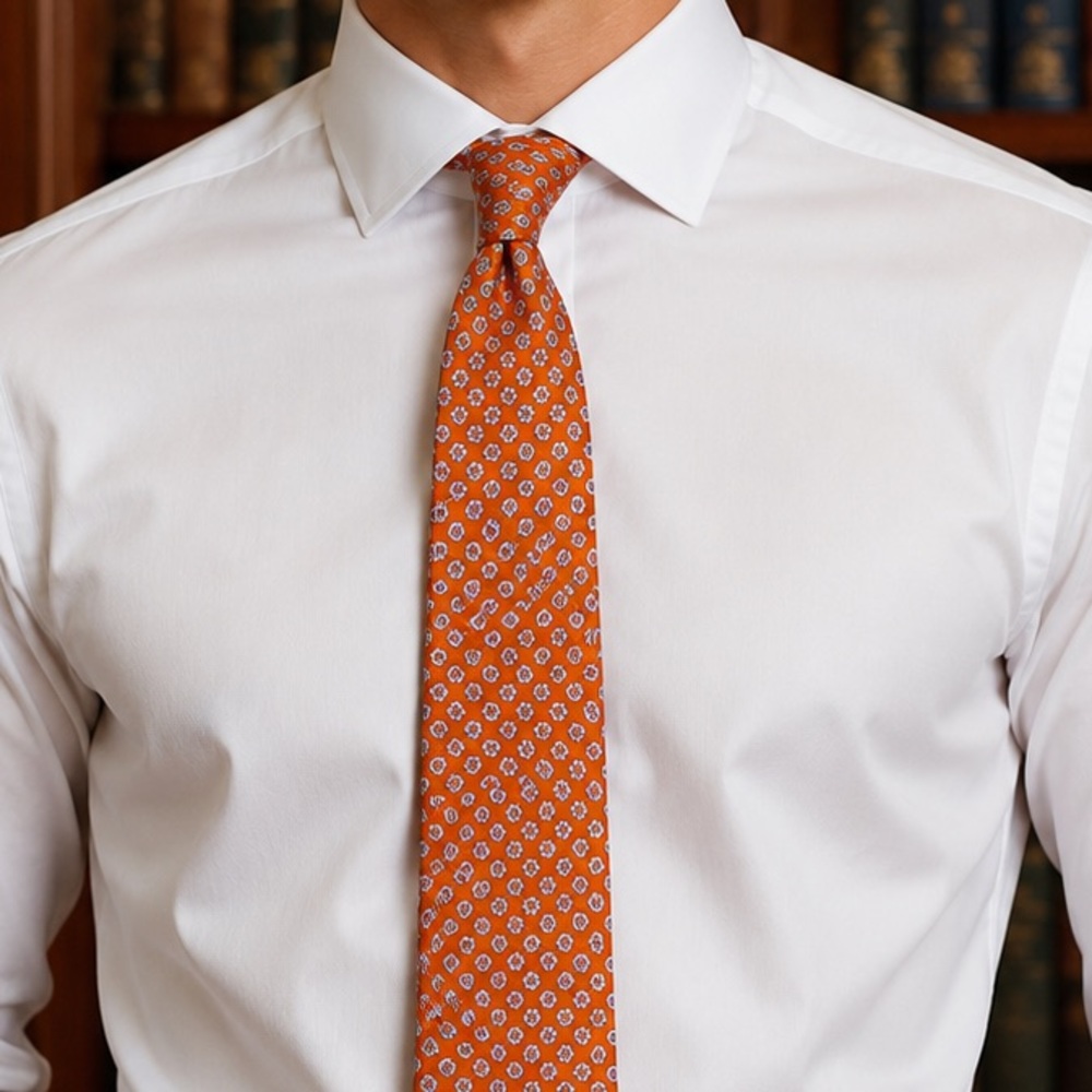 Salvatore Ferragamo Orange Floral Silk Tie with White Accents